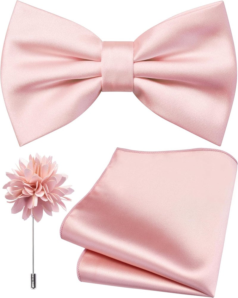 Branduce Solid Color Pre-tied Bow Tie and Pocket Square Lapel Pin Set for Men - Image 1